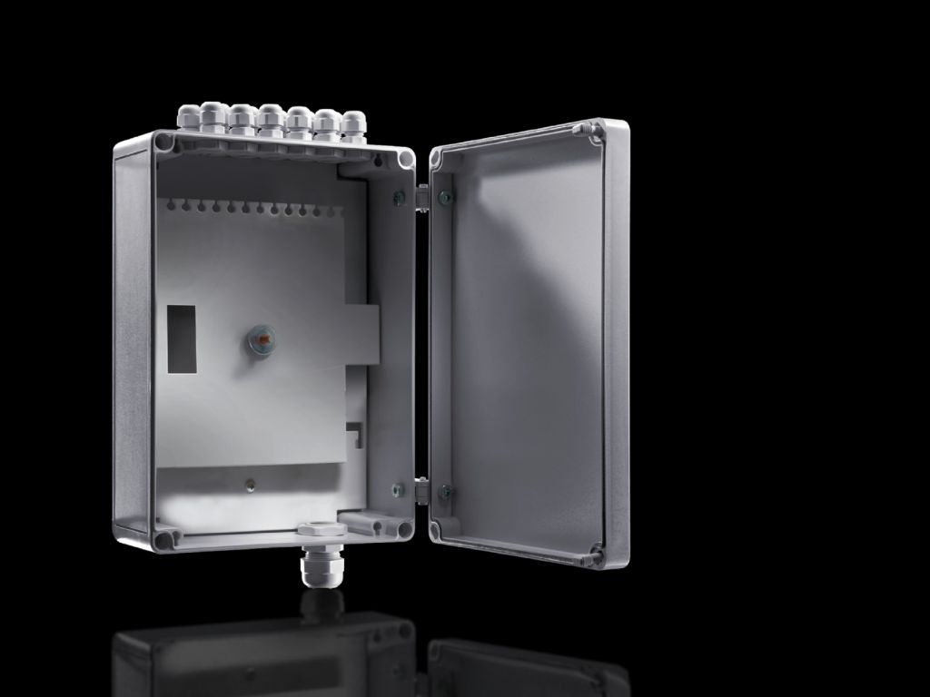 Caixa de distribuição pequena para fibra óptica com placa de montagem e módulos de agrupamento de cabos