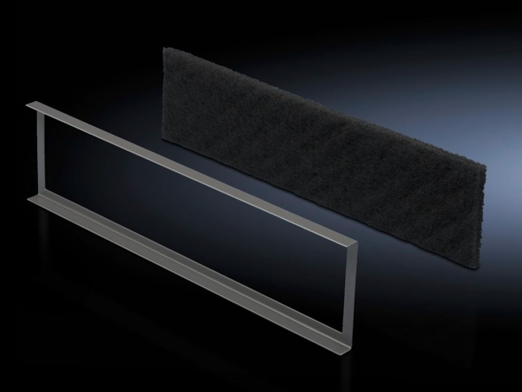 Filter mat for base/plinth component, vented and base/plinth component, vented, with designer trim panel